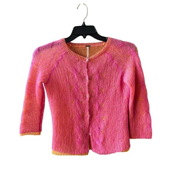 Free people pink orange mohair cardigan 3/4 sleeves size medium - Picture 1 of 8
